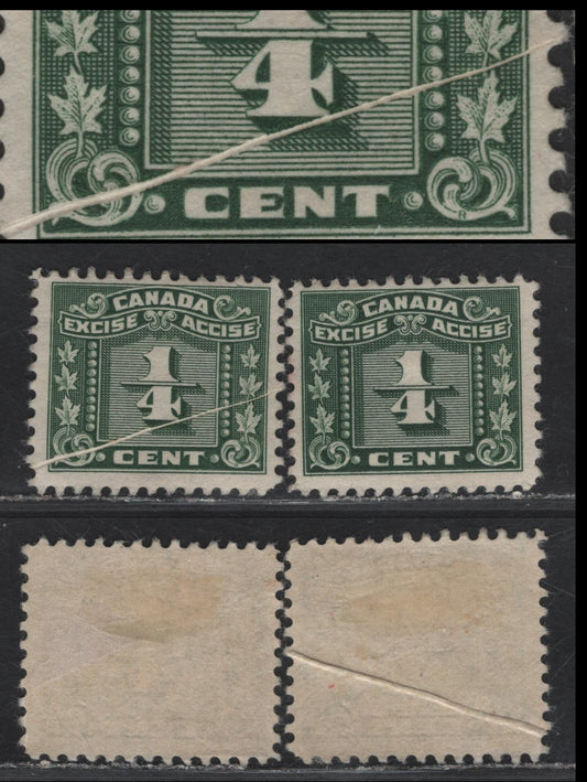 Lot 146 Canada (C) Van Dam#FX57 1/4c Green Numeral, 1934-1948 Three Leaf Excise Tax, 2 FOG Singles, Normal & One With Dramatic Pre-Printing Paper Fold
