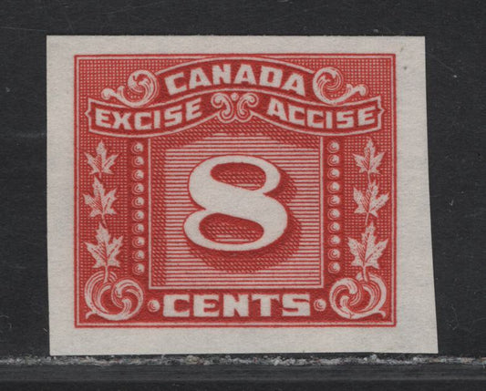 Lot 147 Canada Van Dam#FX102 8c Red Numeral, 1934-1948 Three Leaf Excise Tax, A FOG Imperf Single, Imperf, No Gum as Issued