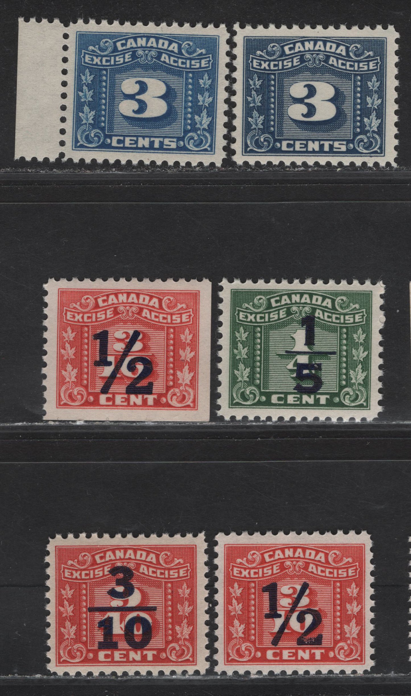 Lot 148 Canada Van Dam#FX64, FX104-FX105, FX108-FX109 3c - 1/2c on 3/10c Light Blue - Red Numeral, 1934-1948 Three Leaf Excise Tax, 5 VFNH Singles