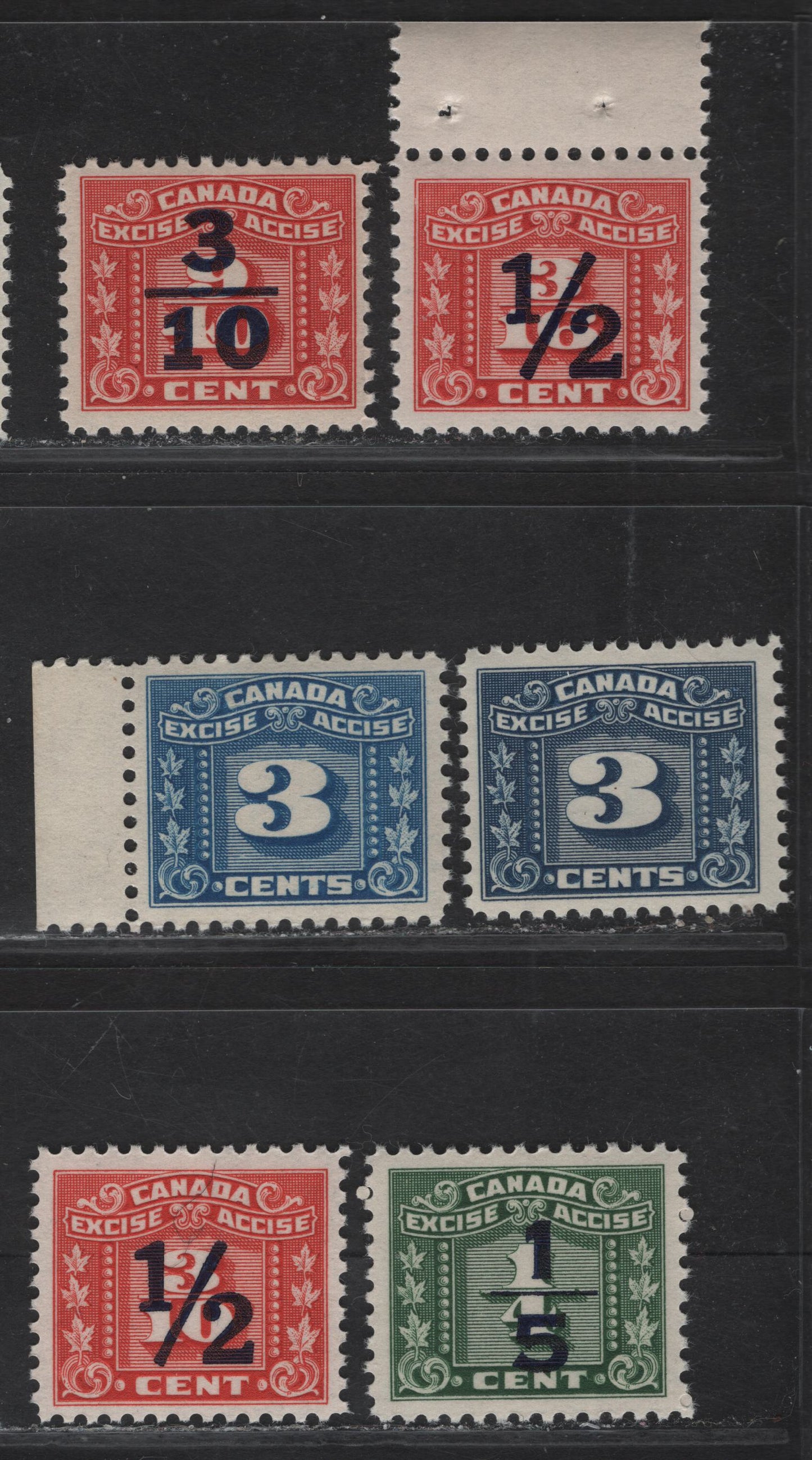 Lot 149 Canada Van Dam#FX64, FX104-FX105, FX108-FX109 3c - 1/2 on 3/10c Light Blue - Red Numeral, 1934-1948 Three Leaf Excise Tax, 5 F/VFNH Singles