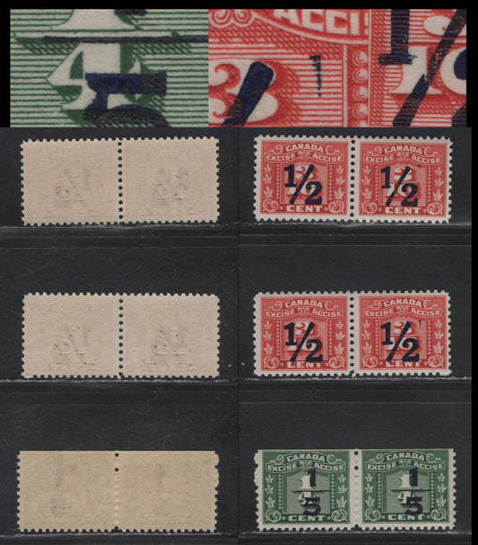 Lot 150 Canada Van Dam#FX104, FX108-FX109 1/5 on 1/4c - 1/2 on 3/16c Green Numeral, 1934-1948 Three Leaf Excise Tax, 3 FNH Pairs, One Pair With Damaged '5', One Pair Showing Blue Ink From Overprint Forme On Design, Last Pair With Cracked Fraction Bar.