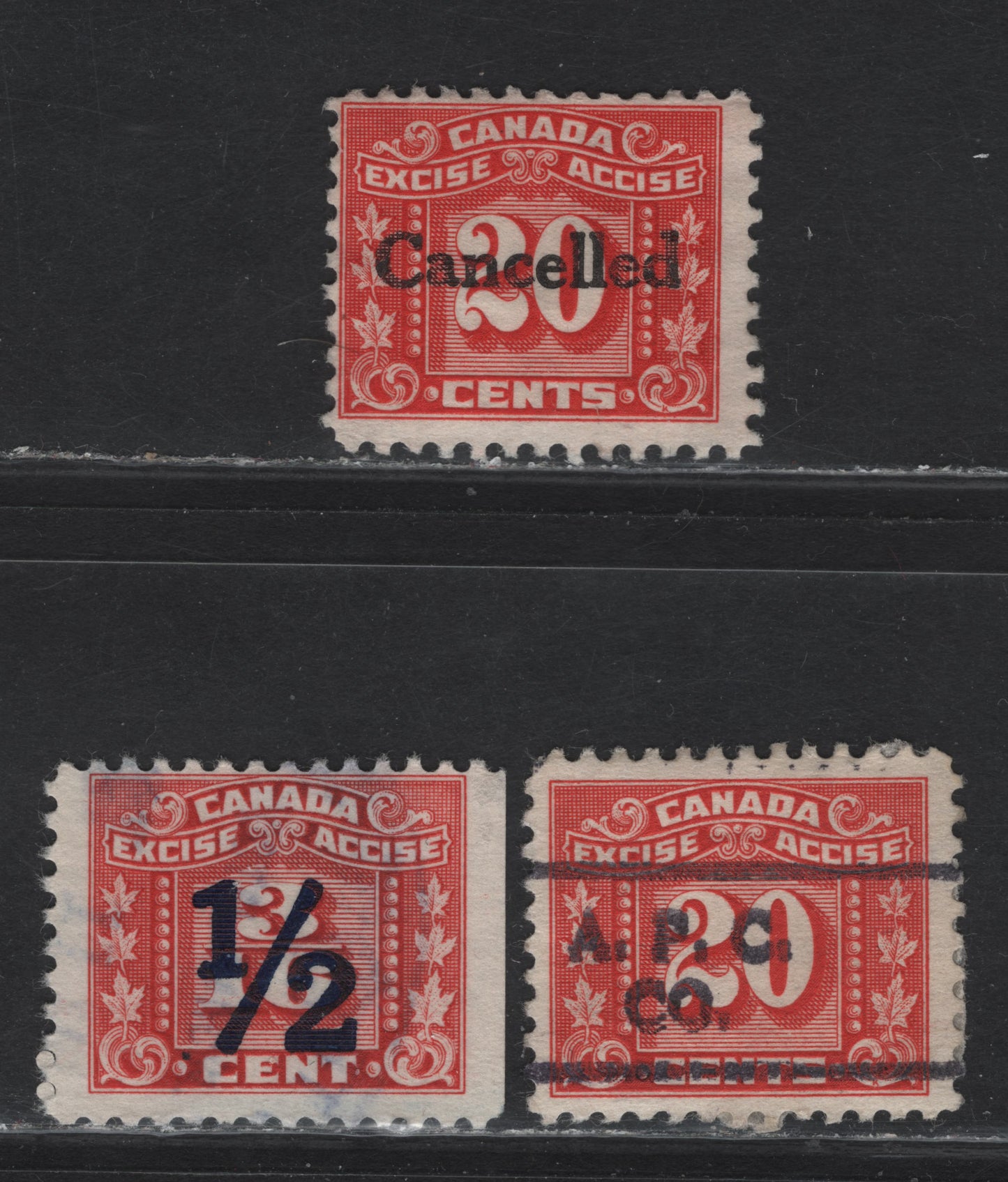 Lot 151 Canada (C) Van Dam#FX77, FX108 20c - 1/2 on 3/16c Red Numeral, 1934-1948 Three Leaf Excise Tax, 2 Fine/Very Fine Used Singles