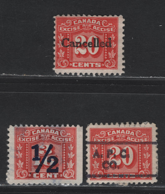 Lot 151 Canada (C) Van Dam#FX77, FX108 20c - 1/2 on 3/16c Red Numeral, 1934-1948 Three Leaf Excise Tax, 2 Fine/Very Fine Used Singles