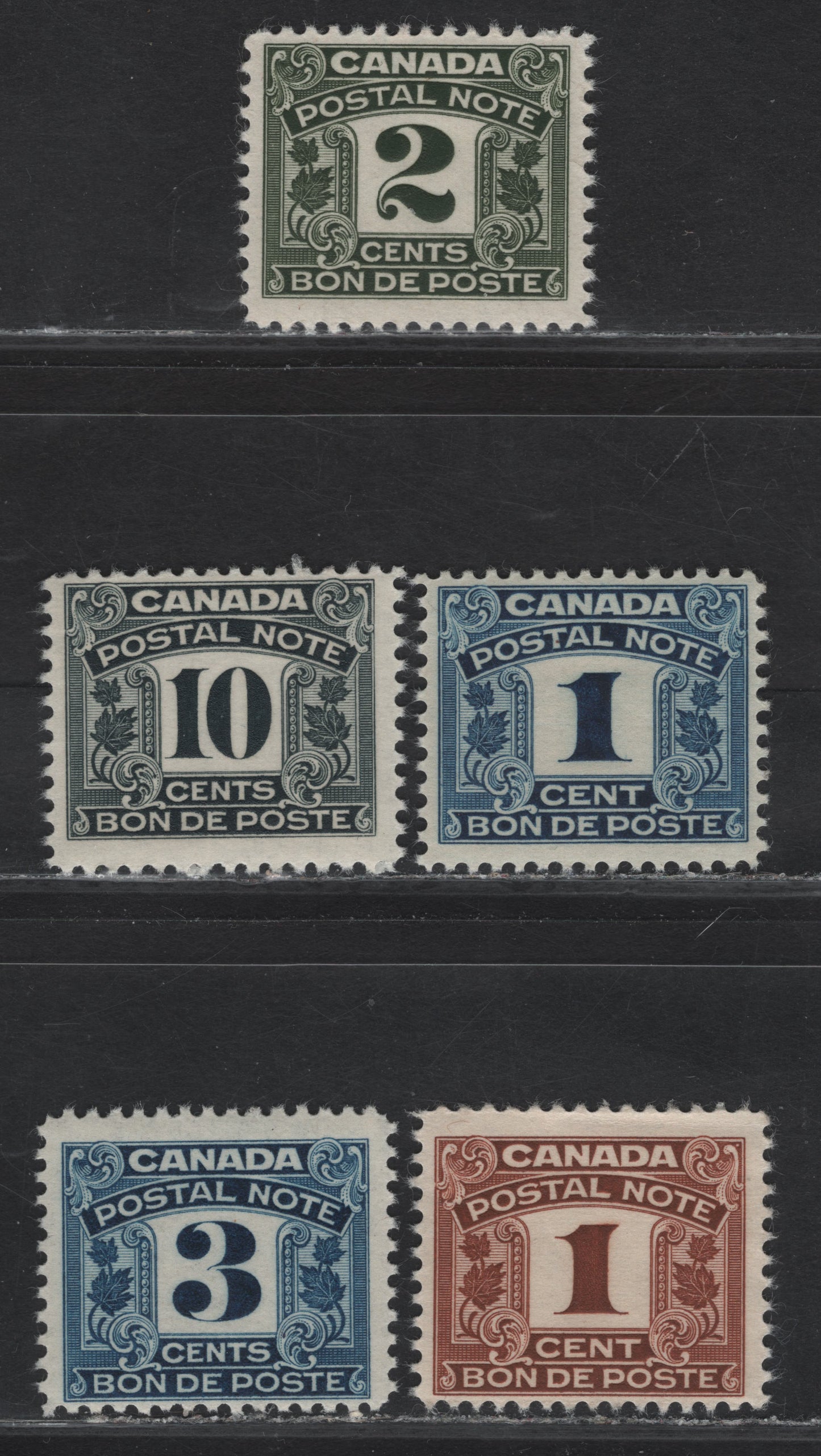 Canada Van Dam#FPS1-2, FPS4-5, FPS12 1c - 10c Blue - Slate Numeral, 1932-1948 Postal Note Issue, 5 FNH Singles
