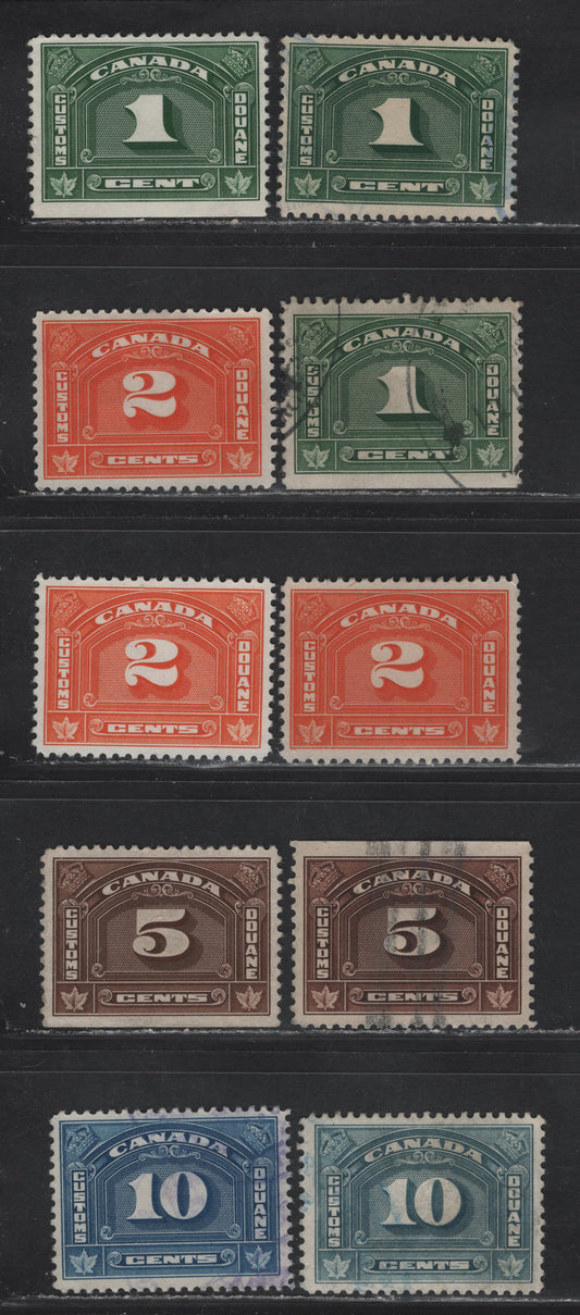 Lot 156 Canada Van Dam#FCD6-FCD9 1c - 10c Green - Blue Numerals, 1935 Customs Duty Issue, 10 Very Fine Used Singles, Different Shades