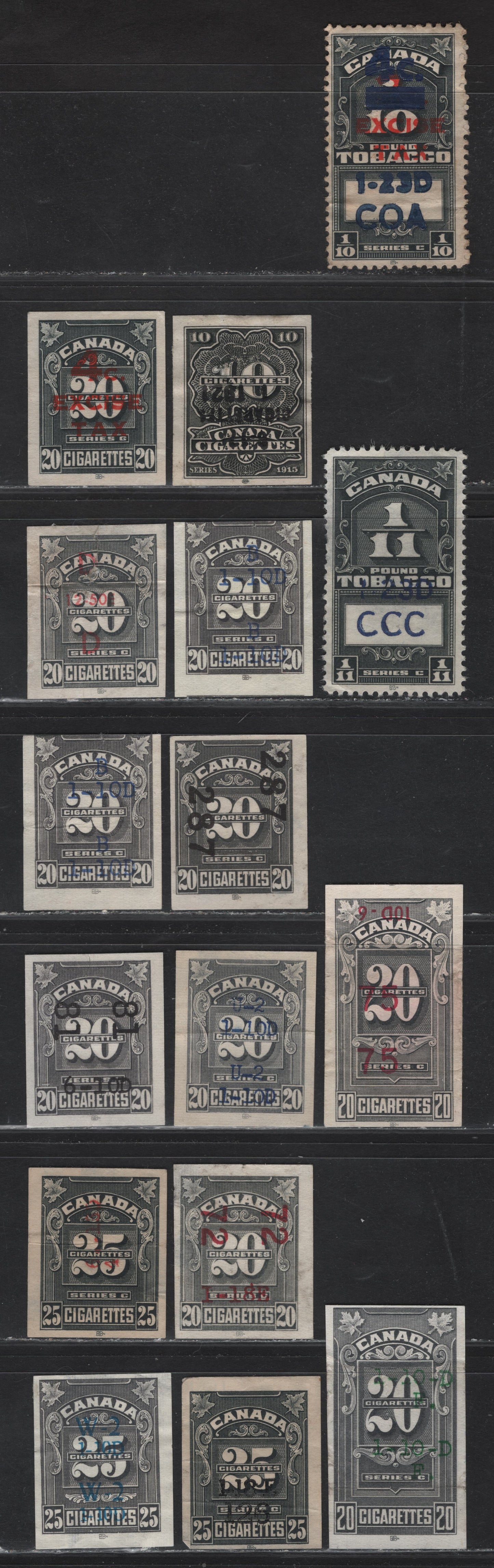 Lot 157 Canada #Unlisted Green Numeral, 1915-1930 Tobacco Issues, 14 Ungraded Used Singles, Most have Creases Or Thins, Various Company Codes & Two Surcharges