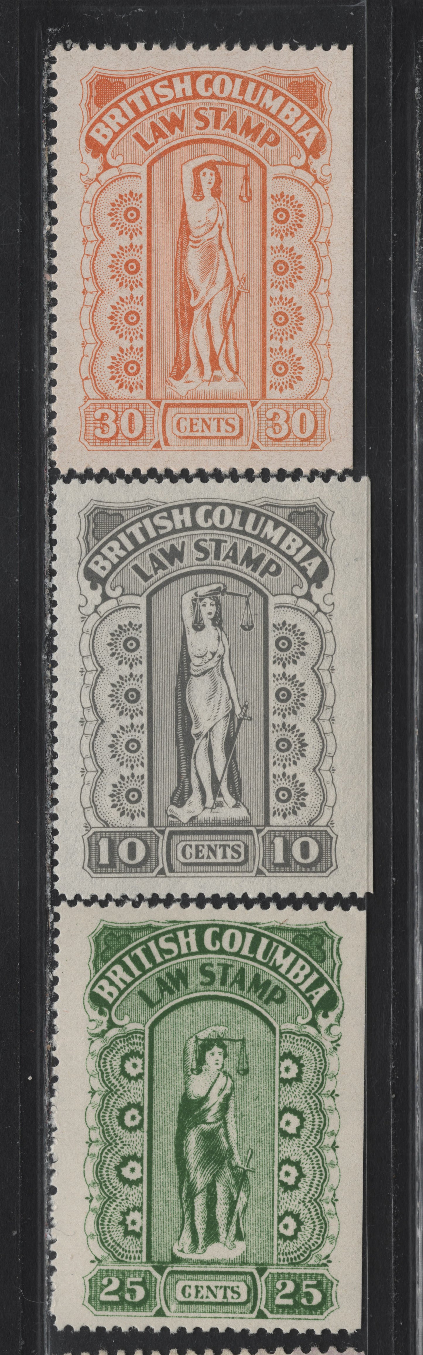 Lot 158 British Columbia Van Dam#BCL23, BCL38, BCL41 25c - 10c Green -Gray Justice, 1912-1957 Fifth, Eighth & Ninth law Issues, 3 VFNH Singles