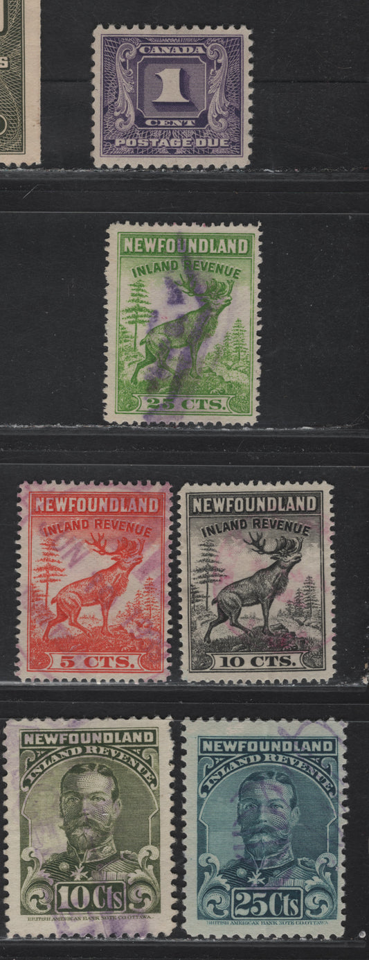 Lot 159 Newfoundland Van Dam#NFR17a, NFR18a, NFR26-NFR28 10c - 25c Olive Green - Apple Green King George V - Caribou Island, 1910-1938 KGV - Caribou Island Revenue Issues, 5 Fine/Very Fine Used Singles, Perf 11 (KGV)