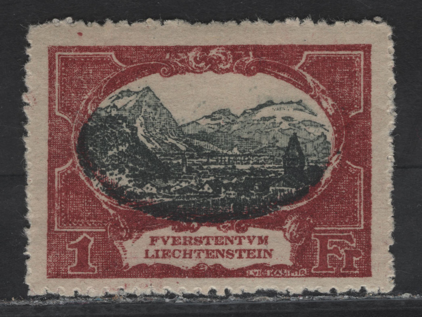 Lot 16 Liechtenstein SC#69 1fr Deep Claret & Black View of Vaduz, 1921 Pictorial Issue, A VFOG Single