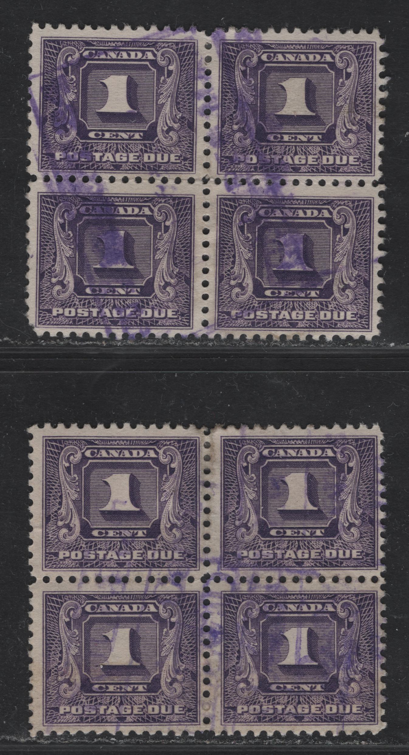 Lot 165 Canada #J6 1c Violet Numeral, 1930-1932 2nd Postage Due Issue, 2 Fine Used Blocks Of 4, Paper BABN-C, Perf 10.8 & 11x10.8, 21.75x18.5mm & 21.6x18.5mm Design Sizes.