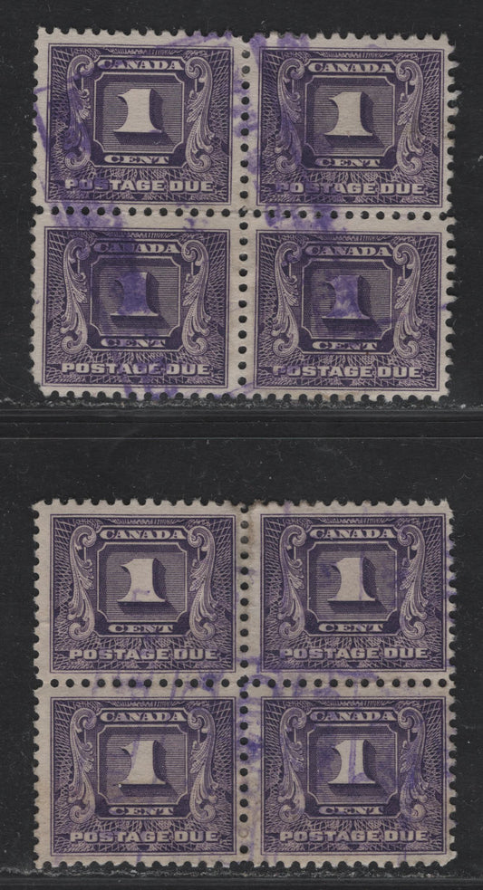Lot 165 Canada #J6 1c Violet Numeral, 1930-1932 2nd Postage Due Issue, 2 Fine Used Blocks Of 4, Paper BABN-C, Perf 10.8 & 11x10.8, 21.75x18.5mm & 21.6x18.5mm Design Sizes.