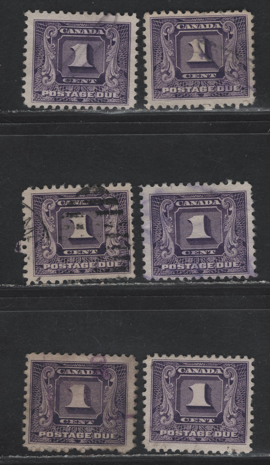 Lot 166 Canada #J6 1c Dark Violet - Dull Violet Numeral, 1930-1932 2nd Postage Due Issue, 6 Fine Used Singles, Various Papers, Perfs & Design Sizes
