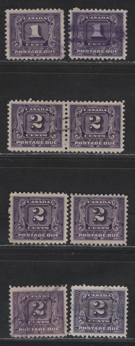 Lot 169 Canada #J6-J7 1c-2c Light Violet - Reddish Violet Numeral, 1930-1932 2nd Postage Due Issue, 8 Very Fine Used Singles, Various Papers, Perfs & Design Sizes