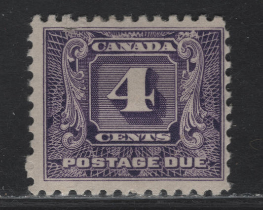 Lot 173 Canada #J8 4c Dark Violet Numeral, 1930-1932 2nd Postage Due Issue, A FOG Single, Paper BABN-D, Perf 10.9x10.8, 21.75x18.25mm Design Size.