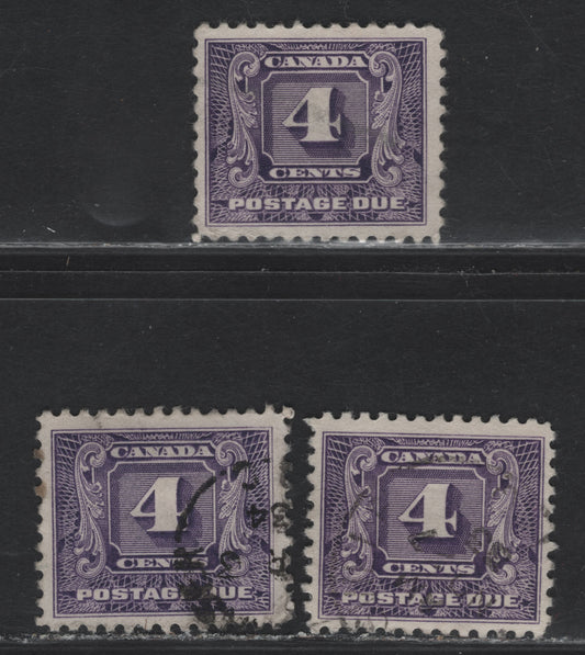 Lot 176 Canada #J8, J8i 4c Violet - Bluish Violet Numeral, 1930-1932 2nd Postage Due Issue, 3 Very Good/Very Fine Used Singles, Papers BABN-C & BABN-B, Perfs 10.9x10.8 & 11x10.8, Design Sizes 21.75x18.1mm, 21.5x18.25mm & 21.5x18.2mm.