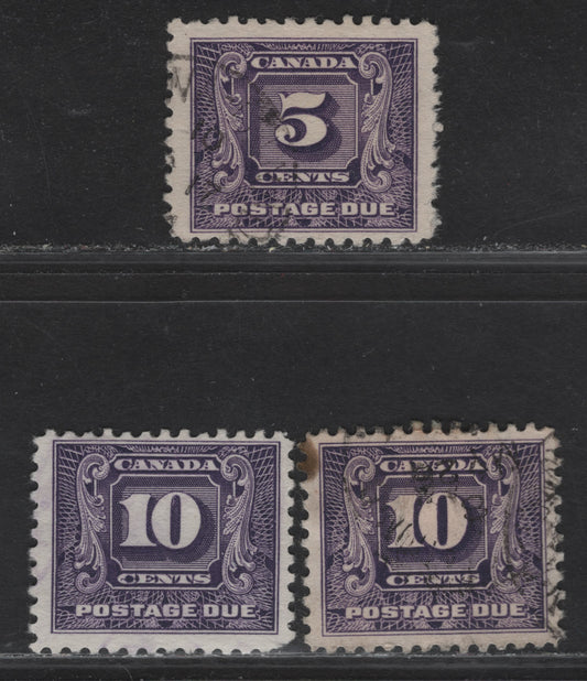 Lot 181 Canada (C) #J9-J10 5c - 10c Violet Numeral, 1930-1932 2nd Postage Due Issue, 3 Very Fine Used Singles, Papers BABN-A & BABN-B, Perfs 10.8x11 & 11x10.8, Design Size 21.6x18.3mm & 21.5x18.3mm.