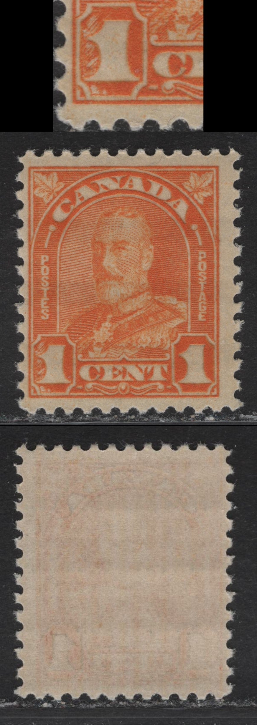 Lot 184 Canada #162var 1c Dull Orange King George V, 1930-1931 Arch/Leaf Issue, A VFOG Single, Paper BABN-M, Perf 11.1x10.8, 18x22mm Design Size, Showing Dry Inking In LL Value Tablet.