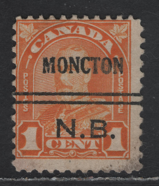 Lot 185 Canada #162xx 1c Light Yellowish Orange King George V, 1930-1931 Arch/Leaf Issue, A Fine Used Single Paper BABN-N, Perf 11.1x10.9,, Moncton Style 3 Precancel.