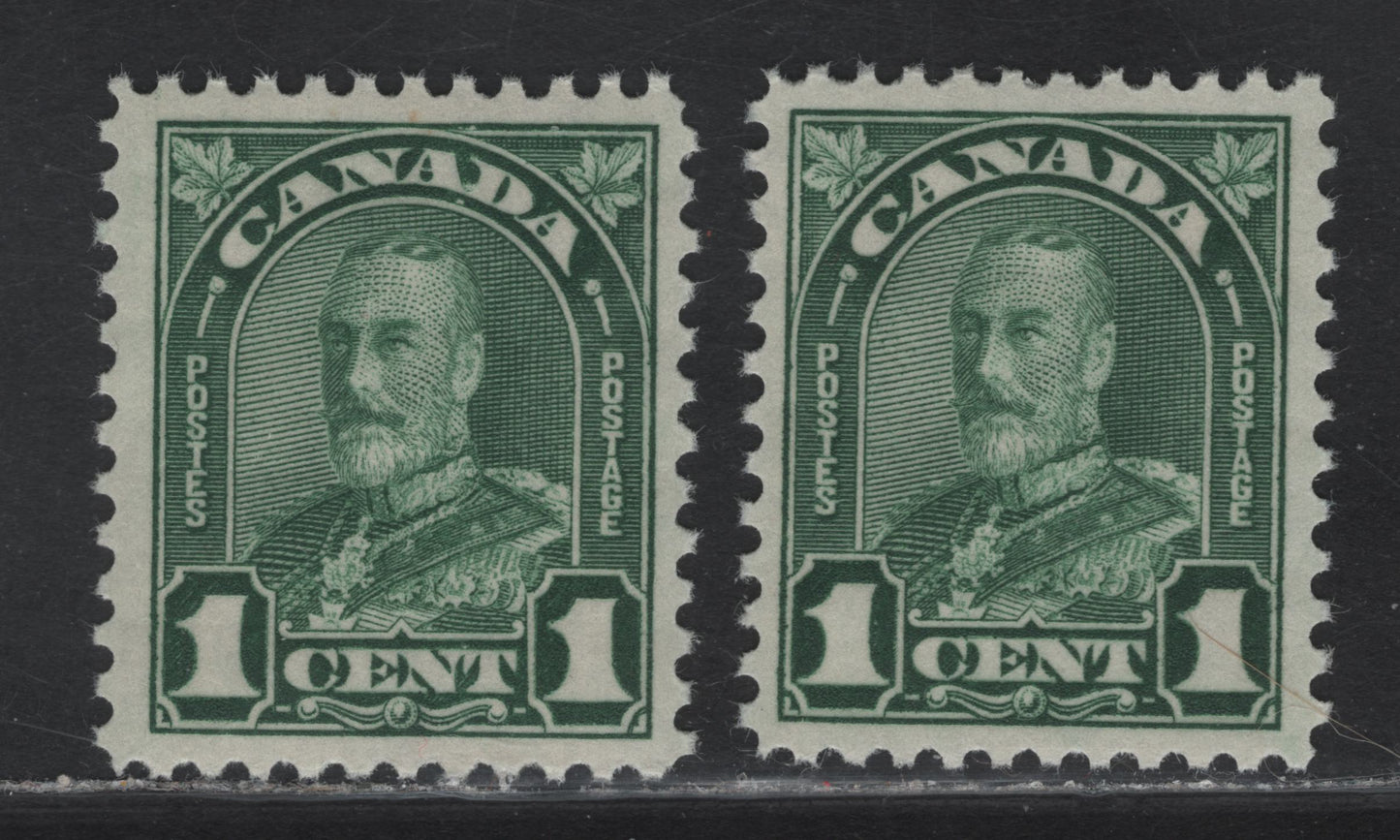 Lot 186 Canada (C) #163b 1c Deep Green King George V, 1930-1931 Arch/Leaf Issue, 2 VFNH Single Paper BABN-O, Perfs 11.1x10.9 & 11.1x10.8,