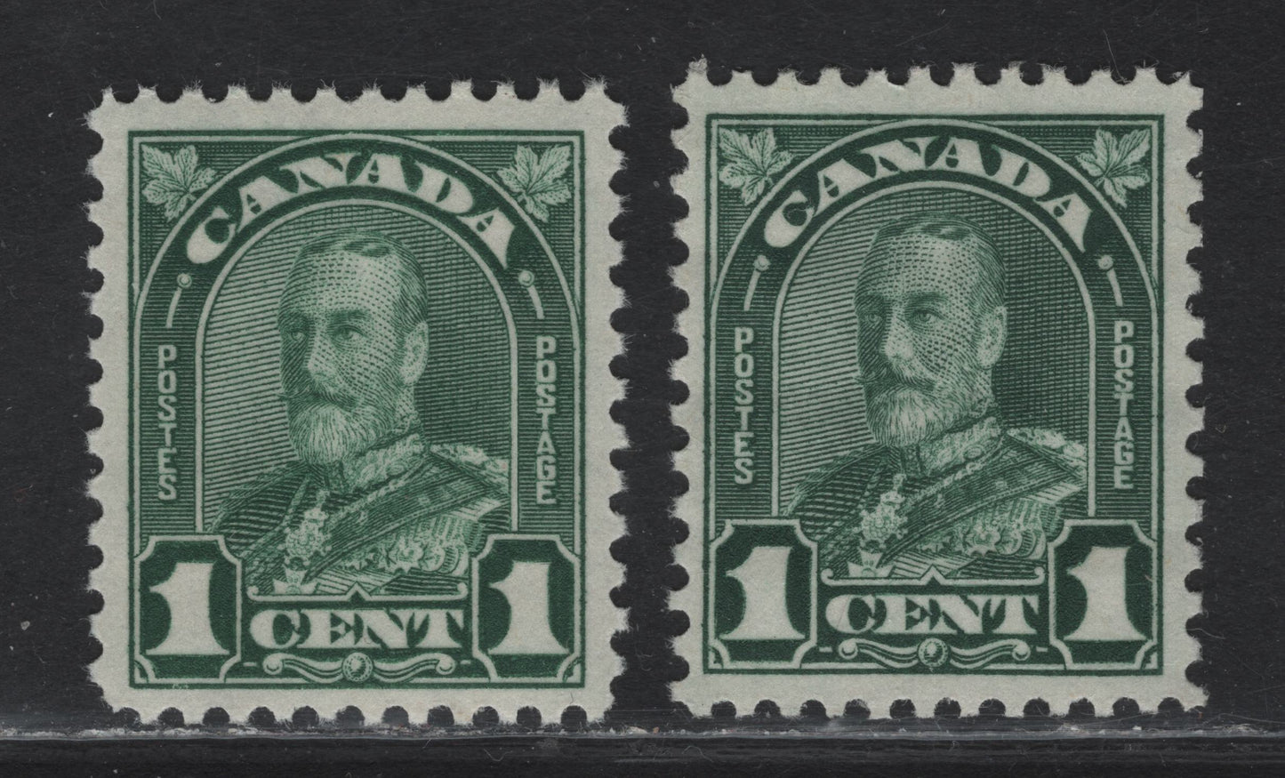 Lot 187 Canada (C) #163b 1c Deep Green & Myrtle Green King George V, 1930-1931 Arch/Leaf Issue, 2 VFNH Singles, Papers BABN-O & BABN-M, Pers 11x10.9 & 11x10.8, Die 1.