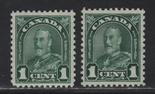 Lot 187 Canada (C) #163b 1c Deep Green & Myrtle Green King George V, 1930-1931 Arch/Leaf Issue, 2 VFNH Singles, Papers BABN-O & BABN-M, Pers 11x10.9 & 11x10.8, Die 1.