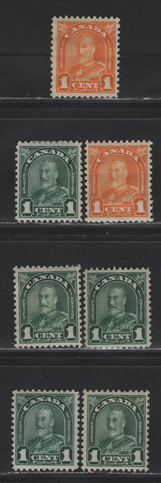Lot 189 Canada #162-163, 163b 1c Yellow Orange - Deep Dull Green King George V, 1930-1931 Arch/Leaf Issue, 7 VFOG Singles, Various Papers & Perfs, Dies 1 & 2