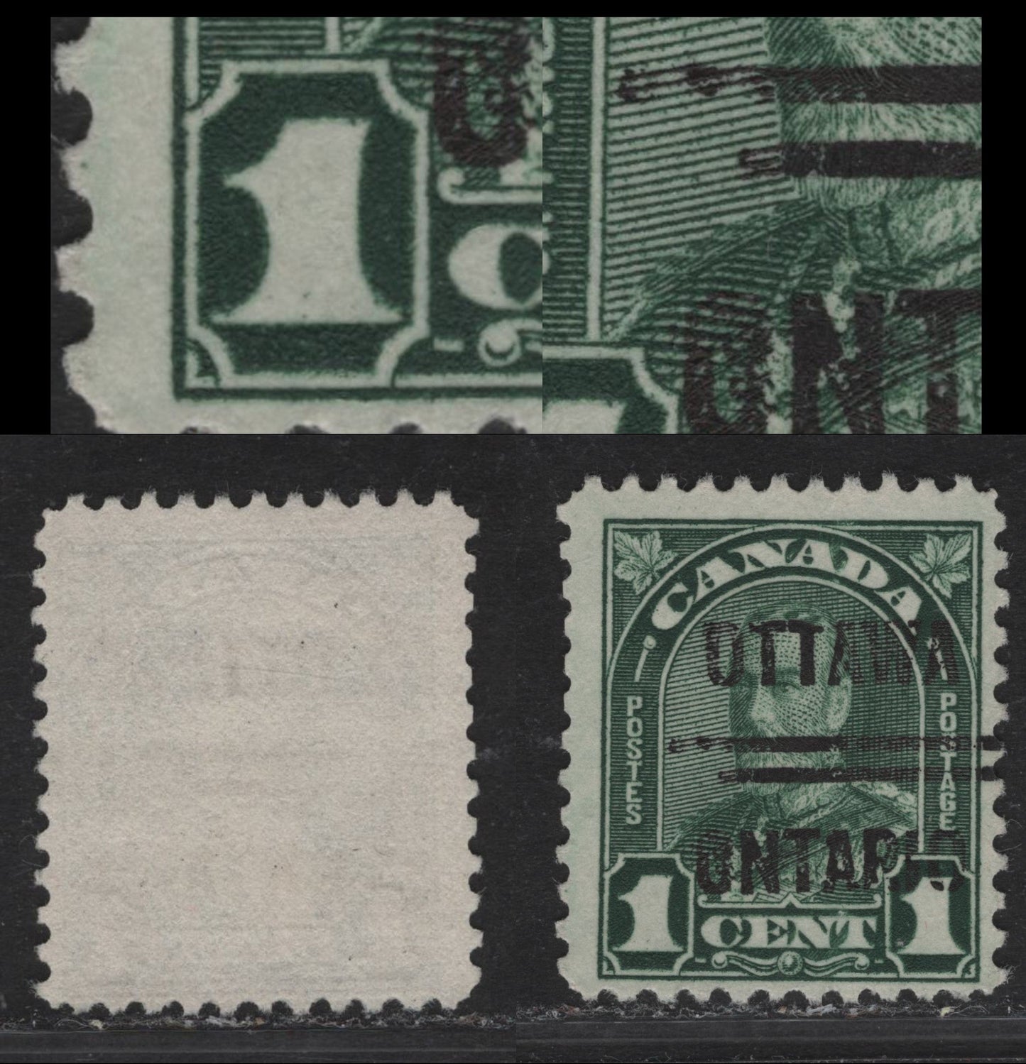 Lot 192 Canada #163b 1c Myrtle Green King George V, 1930-1931 Arch/Leaf Issue, A Fine Used Single, Die 1, Perf 11.1x10.9, BABN-M Paper, Spur At Upper Right Of Left Value Tablet & Ottawa Style 3 Precancel Showing Broken Bars.