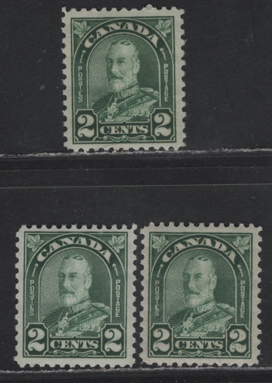 Lot 194 Canada (C) #164 2c Deep Yellowish Green & Green King George V, 1930-1931 Arch/Leaf Issue, 3 VFNH Singles, Paper BABN-N, Perfs 11.1x10.9, 11.2x10.9 and 11.1x10.8