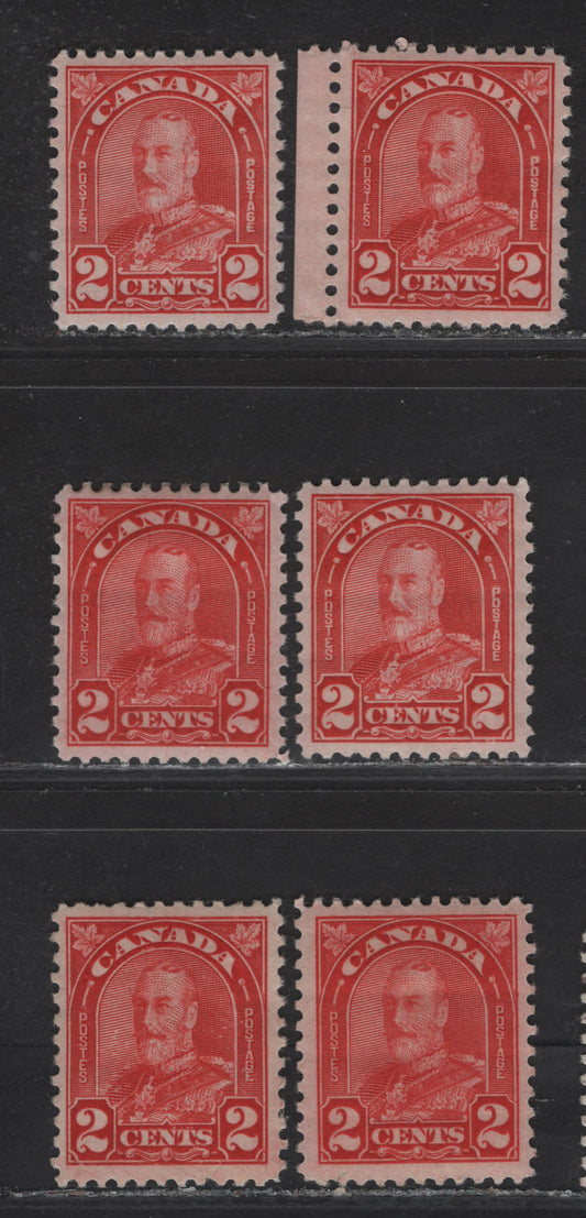 Lot 197 Canada (C) #165 2c Bright Red - Deep Red King George V, 1930-1931 Arch/Leaf Issue, 6 VFOG Singles, Various Papers & Perfs,