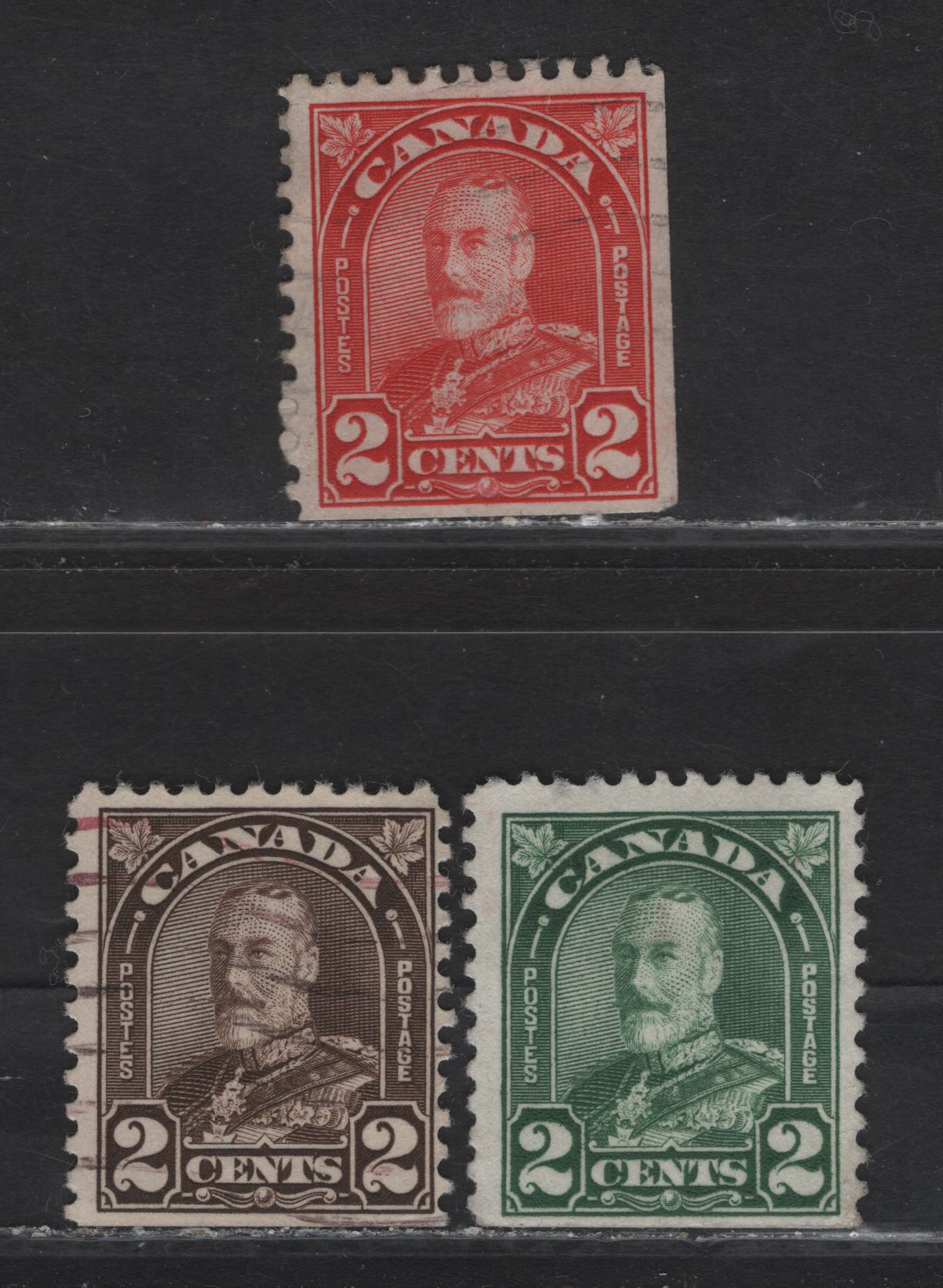 Lot 198 Canada (C) #164as, 165bs, 166as 2c Green - Deep Brown King George V, 1930-1931 Arch/Leaf Issue, 3 Fine/Very Fine Used Booklet Singles, Papers BABN-N & BABN-M, Perfs 10.8x10.9 & 10.9x10.8, 18.25mmx21.8mm & 18.25x22mm Design Sizes.