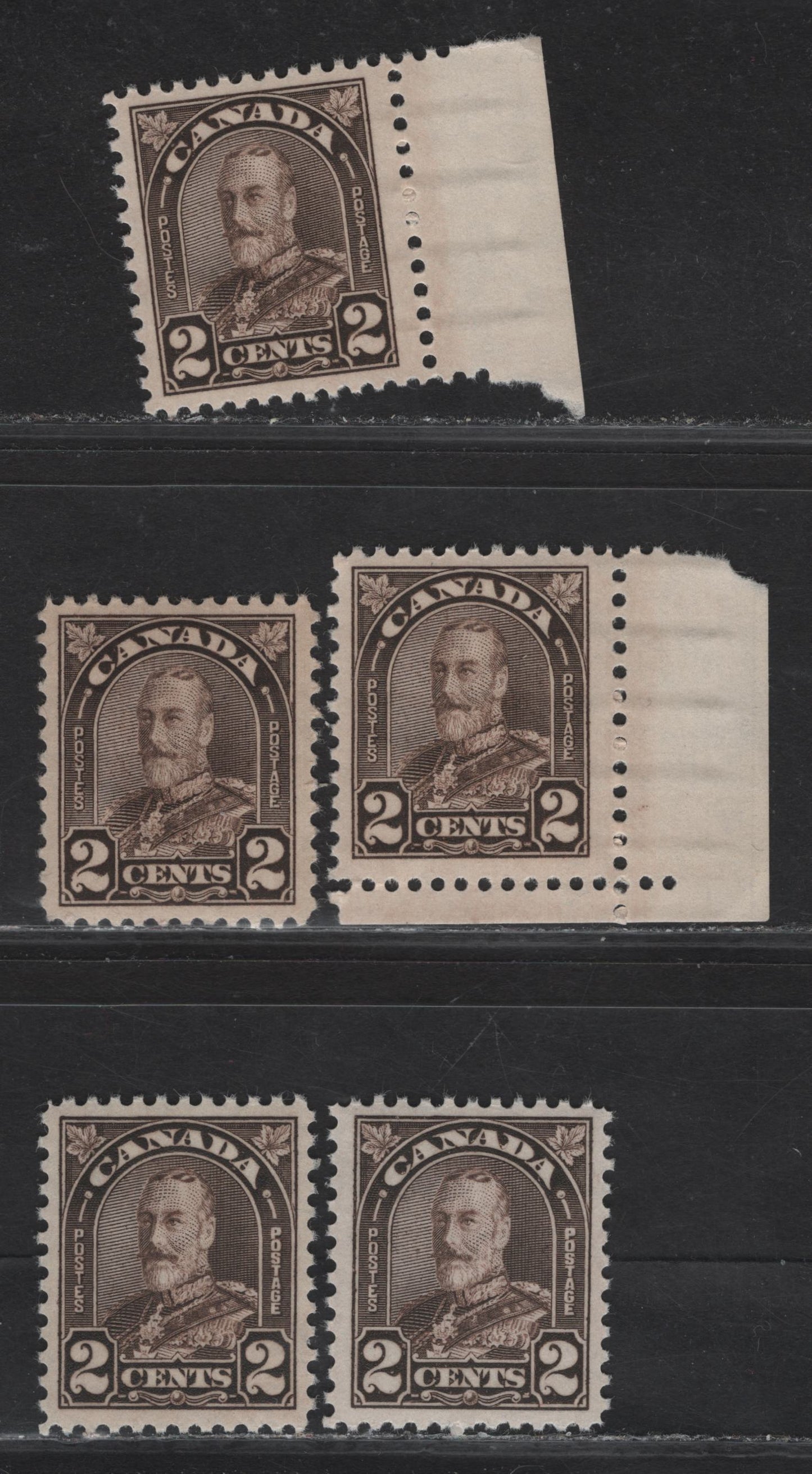 Lot 199 Canada (C) #166, 166b 2c Dark Yellowish Brown - Black Brown King George V, 1930-1931 Arch/Leaf Issue, 4 VFNH Singles, Papers BABN-M & BABN-O, Design Sizes 18x22mm & 18.1x22.25mm, Various Perfs.