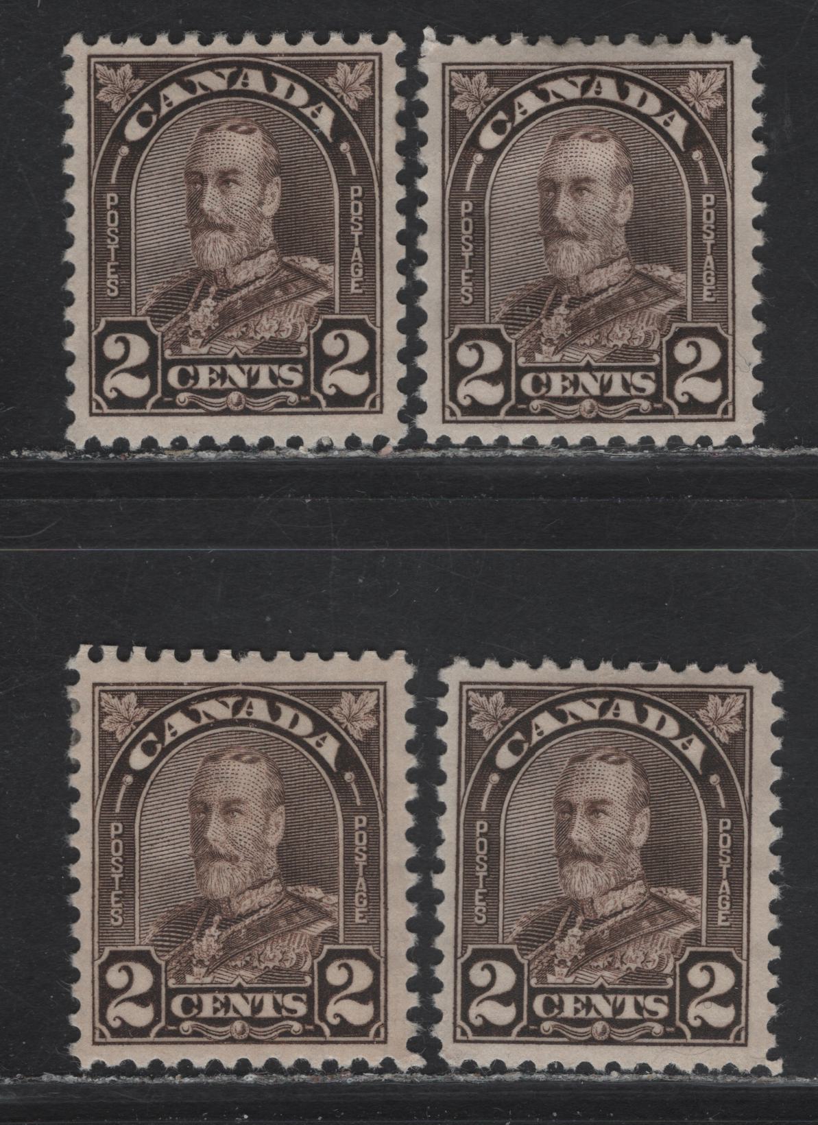 Lot 200 Canada (C) #166 2c Dark Brown King George V, 1930-1931 Arch/Leaf Issue, 4 VFOG Singles, Papers BABN-O & BABN-M, Perfs 11.2x10.9, 11.2x11, 11.1x10.9 & 11.2x10.8, Design Sizes 17.75x22mm & 18x22mm.