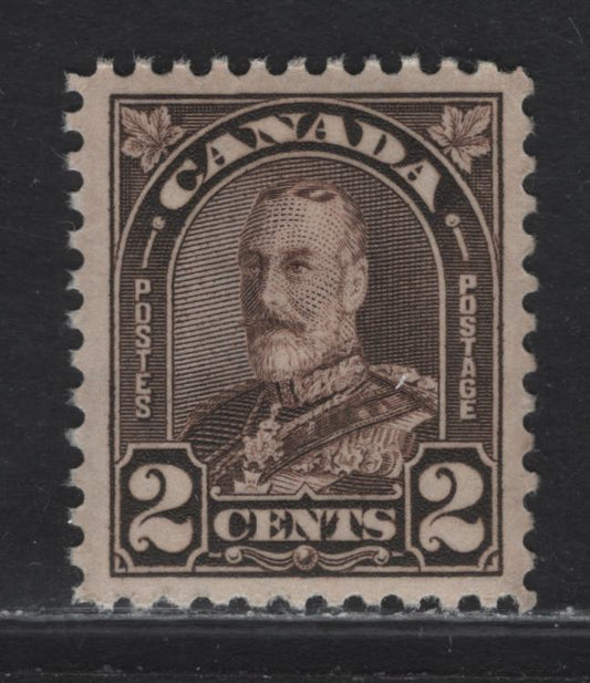 Canada #166b 2c Dark Yellowish Brown King George V, 1930-1931 Arch/Leaf Issue, A VFNH Single, Paper BABN-O, Perf 11.1x10.9, 18x22.25mm Design Size.