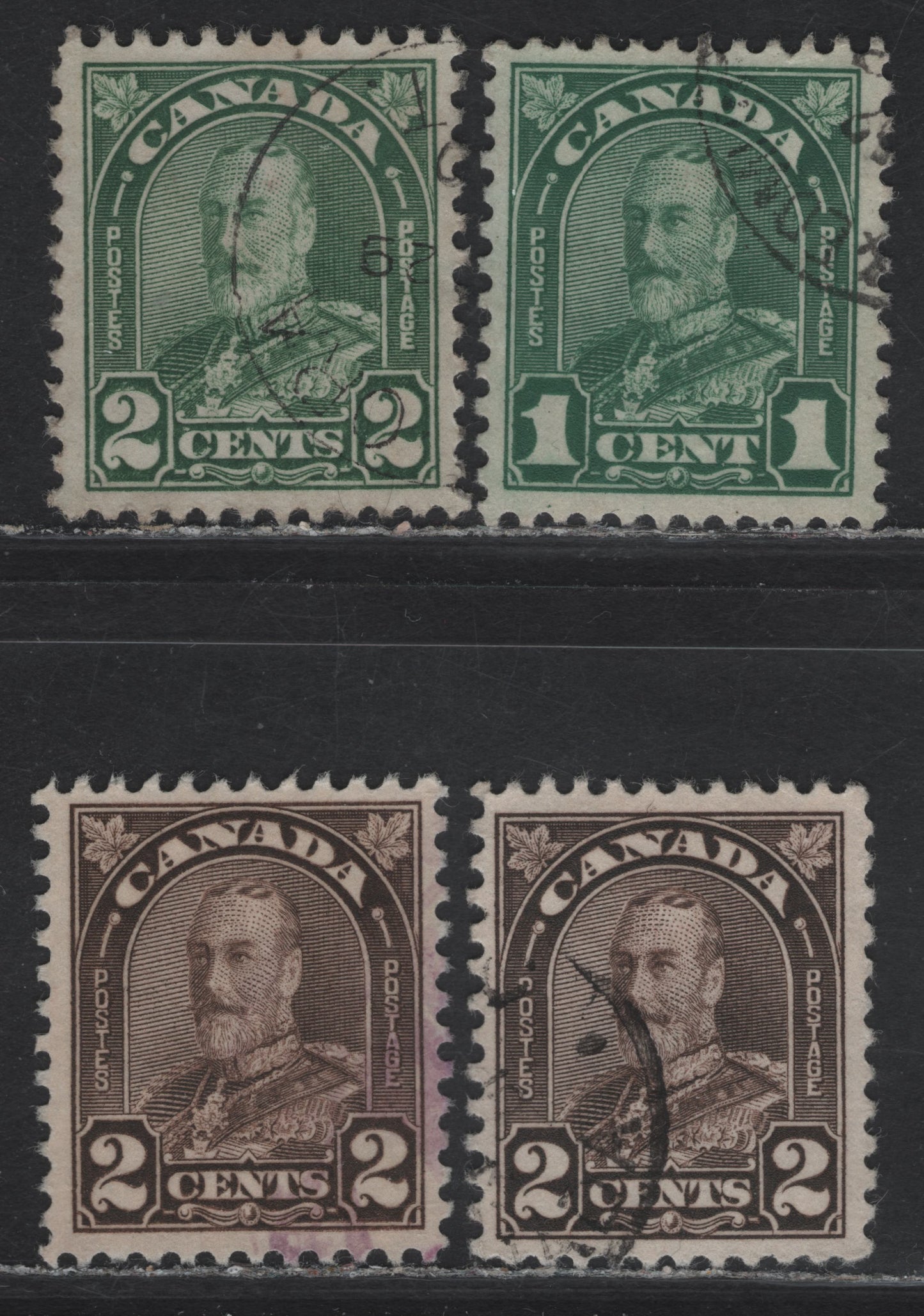Lot 204 Canada #163-166 1c - 2c Deep Milky Green - Dark Yellowish Brown King George V, 1930-1931 Arch/Leaf Issue, 4 Very Fine Used Singles, Paper BABN-M, Perfs 11.1x10.8, 11.1x10.9 & 11.1x11