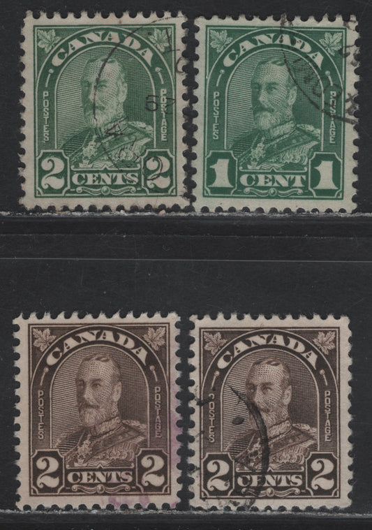 Lot 204 Canada #163-166 1c - 2c Deep Milky Green - Dark Yellowish Brown King George V, 1930-1931 Arch/Leaf Issue, 4 Very Fine Used Singles, Paper BABN-M, Perfs 11.1x10.8, 11.1x10.9 & 11.1x11