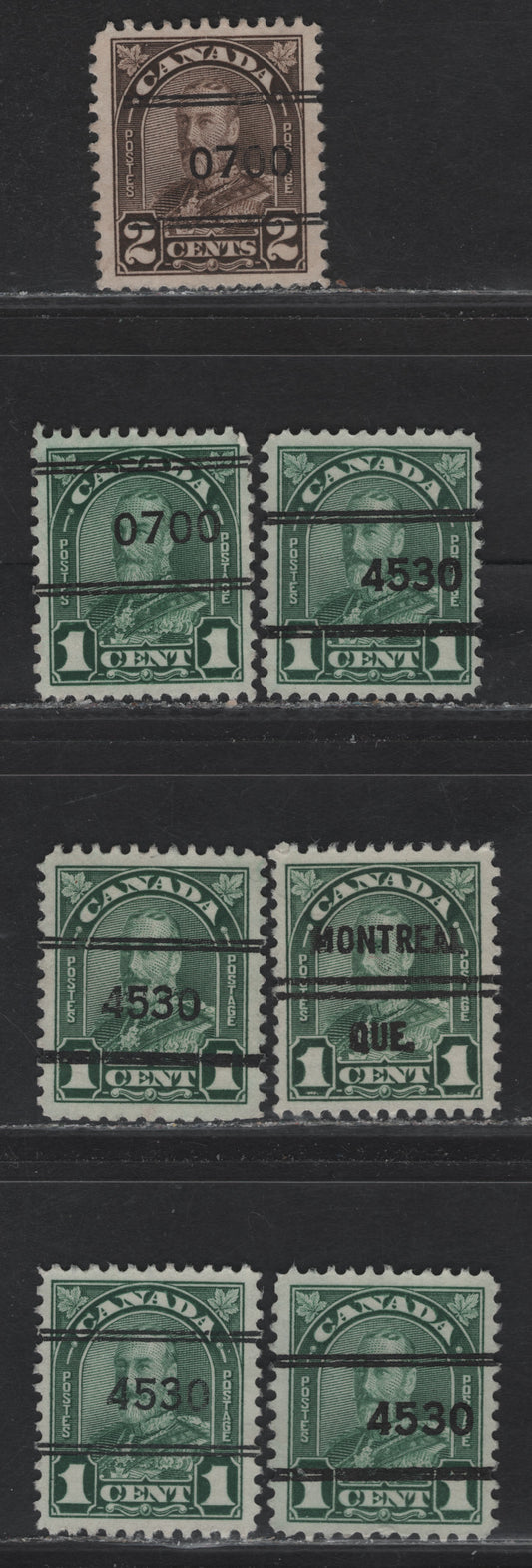 Lot 206 Canada #163, 163b 1c Deep Green - Myrtle Green King George V, 1930-1931 Arch/Leaf Issue, 7 Very Fine Used Singles, Montreal Style 7, 8 & Toronto Style 13, Papers ABN-M, Perfs 11.1x10.9, 11.1x10.8, 11.1x11 & 10.8.