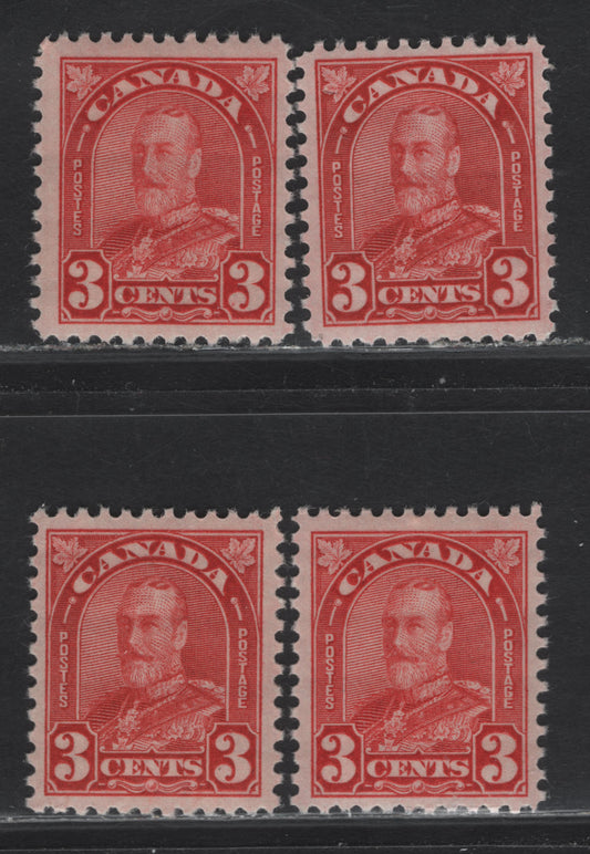 Lot 207 Canada (C) #167 3c Deep Red - Red King George V, 1930-1931 Arch/Leaf Issue, 4 VFNH Singles, Paper BABN-O, Perfs 11x10.9, 11.2x10.8 & 11.2x10.9