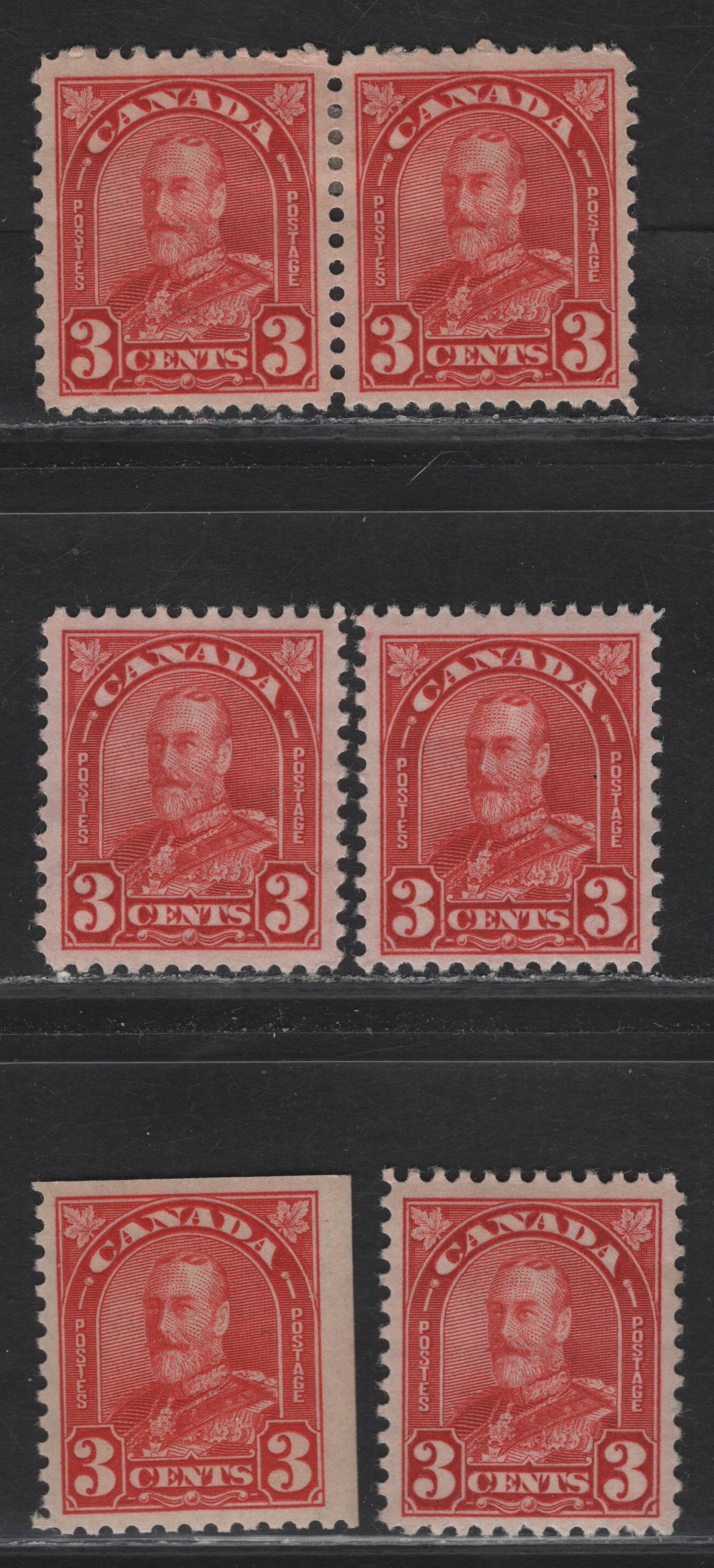 Lot 208 Canada (C) #167, 167as 3c Red - Bright Scarlet Red King George V, 1930-1931 Arch/Leaf Issue, 6 VFOG Singles, Papers BABN-M, BABN-O & BABN-F, Perfs 11.1x10.9, 12.2x10.8,11.1x10.9 and 10.8x10.9, Design Sizes 18x22mm & 17.8x22 and 18x21.8mm.