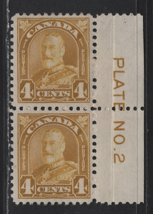 Lot 211 Canada (C) #168 4c Yellow Bistre King George V, 1930-1931 Arch/Leaf Issue, A VFOG/NH Pair, Paper BABN-B, Vertical Plate 2, Top Stamp Hinged, Bottom NH, Perf 10.75, Design Size 18.5x21.9mm.