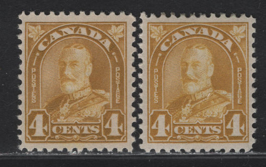 Lot 212 Canada (C) #168 4c Deep Yellow Bistre & Bistre Yellow King George V, 1930-1931 Arch/Leaf Issue, 2 VFOG Singles, Paper BABN-B, Perf 10.75, Design Size 18.25x22mm.