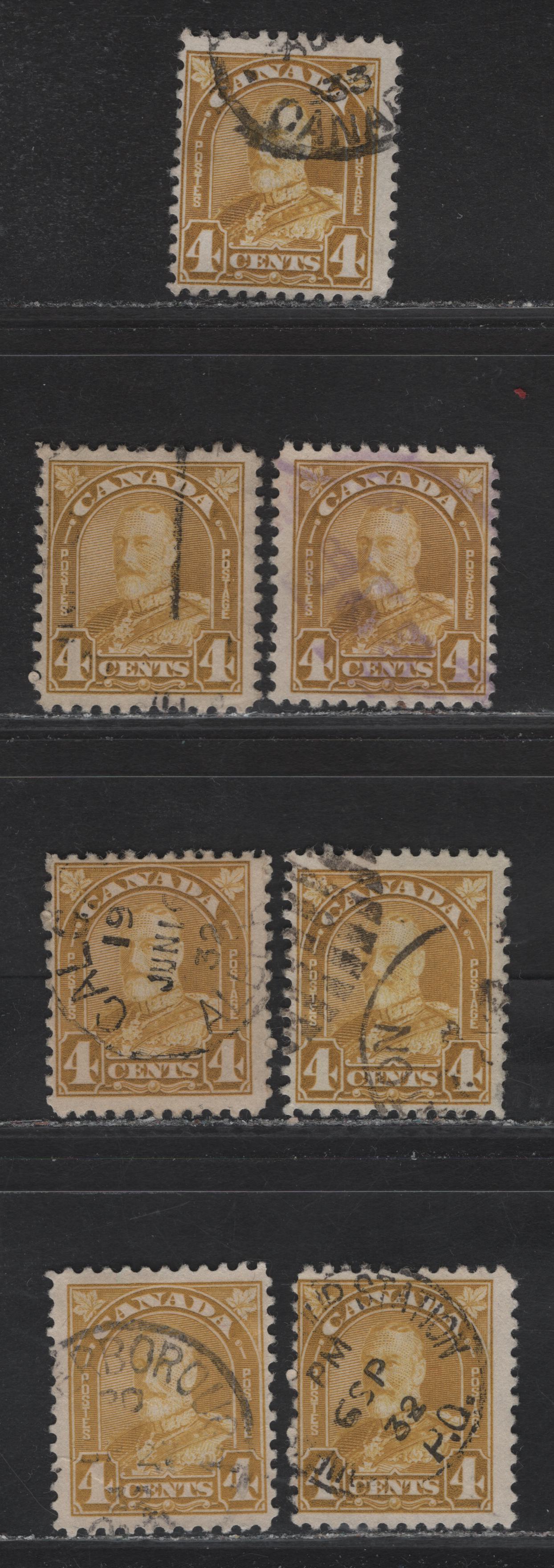 Lot 213 Canada (C) #168 4c Deep Bistre - Pale Greenish Yellow King George V, 1930-1931 Arch/Leaf Issue, 7 Fine Used Singles, Paper BABN-B, Perfs 10.75 & 10.9x10.8, Design Sizes 18.5x21.9mm, 18.25x21.8mm & 18.25x21.75mm.