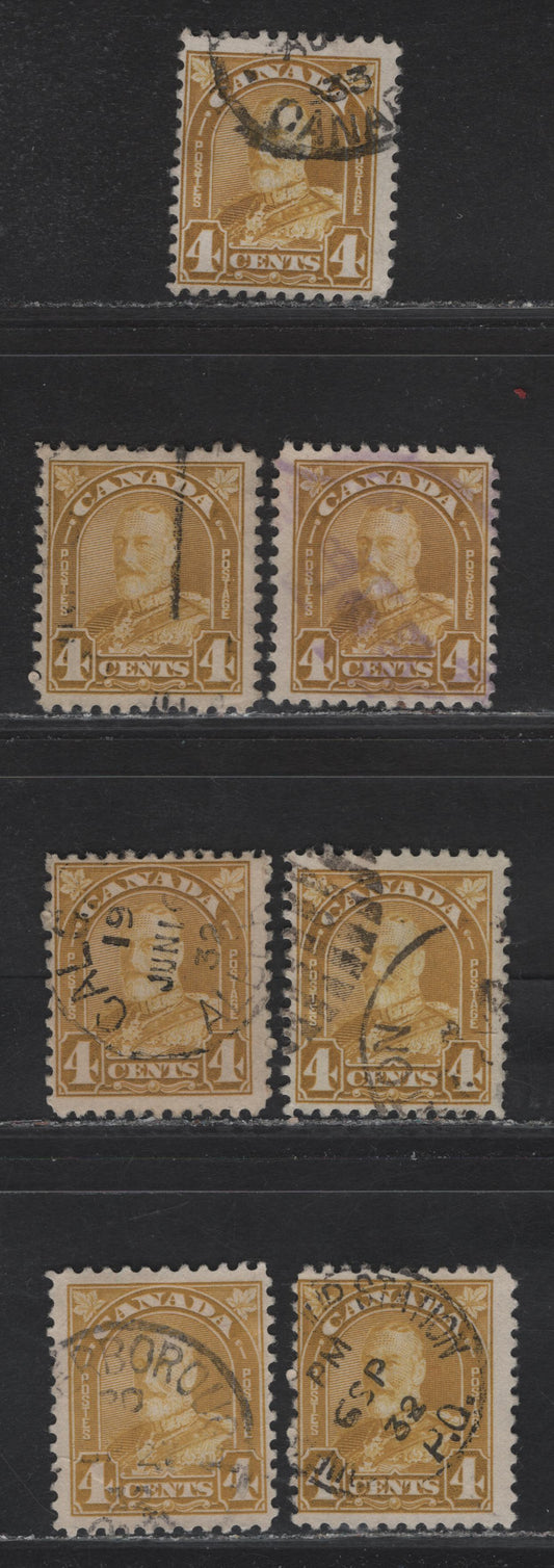 Lot 213 Canada (C) #168 4c Deep Bistre - Pale Greenish Yellow King George V, 1930-1931 Arch/Leaf Issue, 7 Fine Used Singles, Paper BABN-B, Perfs 10.75 & 10.9x10.8, Design Sizes 18.5x21.9mm, 18.25x21.8mm & 18.25x21.75mm.