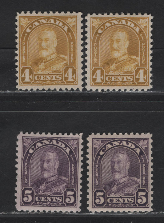 Lot 213A Canada #168-169 4c - 5c Bistre - Milky Rose Violet King George V, 1930-1931 Arch/Leaf Issue, 4 FOG Singles, Papers BABN-B, BABN-O & BABN-M, Rotary Press, Perfs 10.75, 11x10.8 & 11.1x10.7, Design Sizes 18.3x21.8 & 18x22mm.