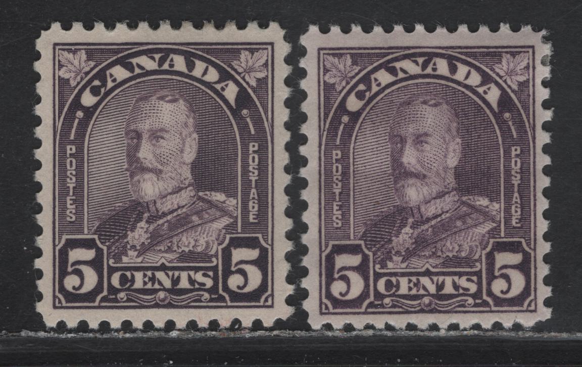 Lot 215 Canada #169, 169a 5c Deep Violet - Milky Violet King George V, 1930-1931 Arch/Leaf Issue, 2 VFOG Singles, Papers BABN-B & BABN-Q, Flat Press, Perfs 11x10.9 & 11.2x10.8, Design Sizes 18.25x22mm.