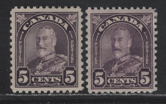 Lot 215 Canada #169, 169a 5c Deep Violet - Milky Violet King George V, 1930-1931 Arch/Leaf Issue, 2 VFOG Singles, Papers BABN-B & BABN-Q, Flat Press, Perfs 11x10.9 & 11.2x10.8, Design Sizes 18.25x22mm.