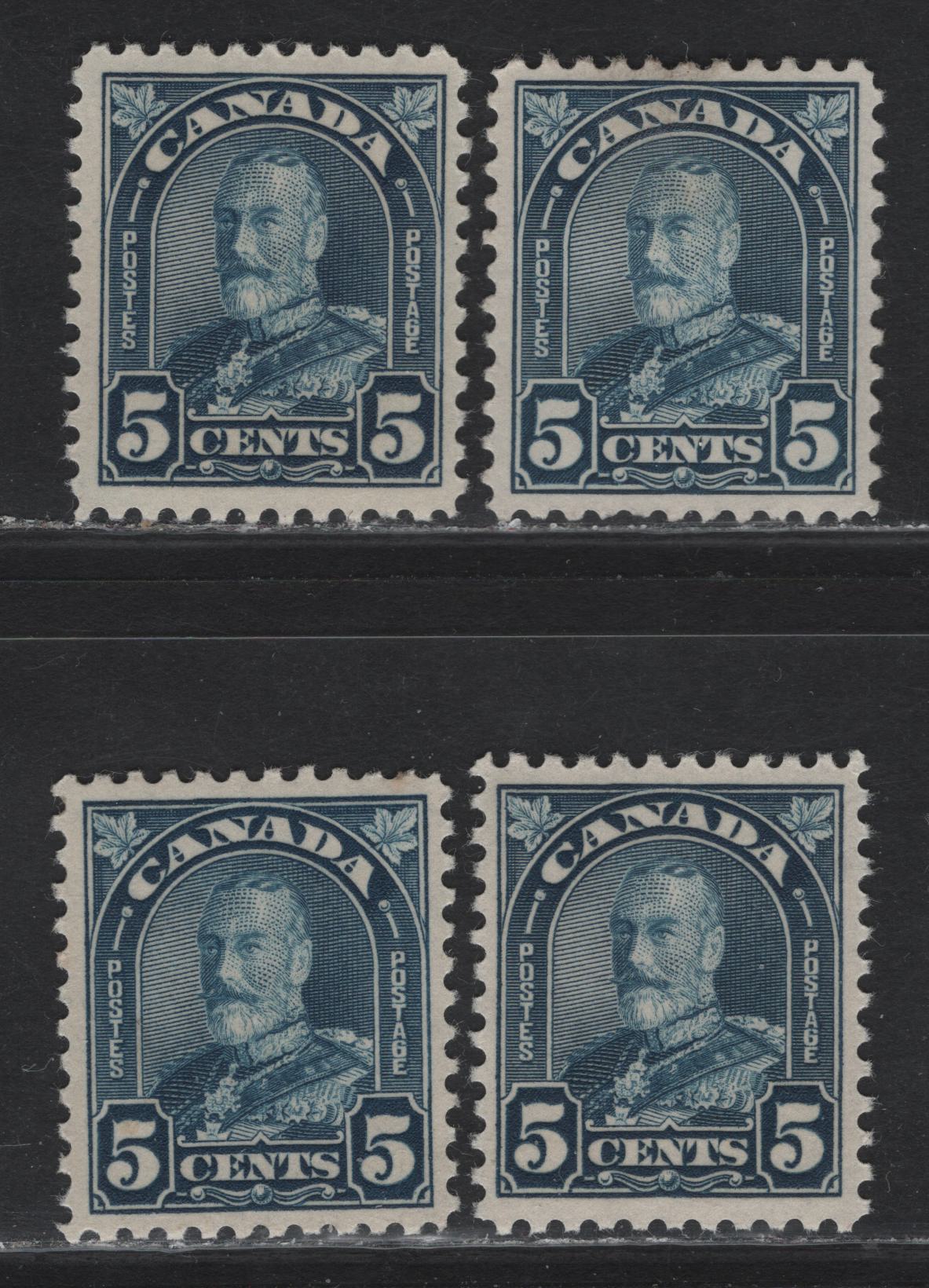 Lot 216 Canada (C) #170 5c Deep Bright Blue - Blue King George V, 1930-1931 Arch/Leaf Issue, 4 VFOG Singles, Papers BABN-D & BABN-R, Perfs 10.8, 10.75x10.9 & 10.8x10.9, Design Size 18.25x22mm.