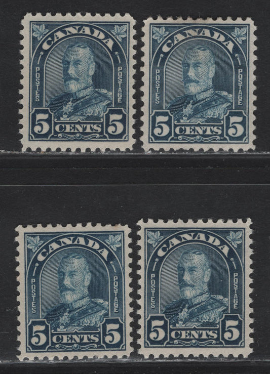 Lot 216 Canada (C) #170 5c Deep Bright Blue - Blue King George V, 1930-1931 Arch/Leaf Issue, 4 VFOG Singles, Papers BABN-D & BABN-R, Perfs 10.8, 10.75x10.9 & 10.8x10.9, Design Size 18.25x22mm.