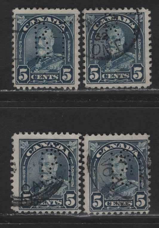 Lot 218 Canada #170 5c Deep Bright Blue - Dull Blue King George V, 1930-1931 Arch/Leaf Issue, 3 Fine Used Singles, Papers BABN-B & BABN-D, Perfs 10.8, 10.8x10.9 & 10.8x10.75, Bell Telephone & McClary Manufacturing Perfins.