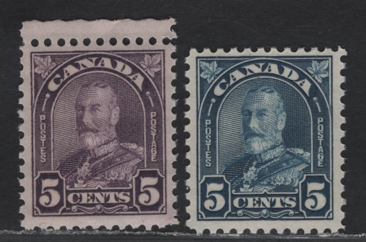 Lot 219 Canada (C) #169-170 5c Milky Rose Violet - Deep Bright Blue King George V, 1930-1931 Arch/Leaf Issue, 2 VFNH Singles, Papers BABN-Q & BABN-R, Rotary Press, Perfs 11 & 10.8, Design Sizes 18x22mm & 18.25x22mm.