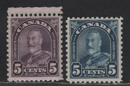 Lot 219 Canada (C) #169-170 5c Milky Rose Violet - Deep Bright Blue King George V, 1930-1931 Arch/Leaf Issue, 2 VFNH Singles, Papers BABN-Q & BABN-R, Rotary Press, Perfs 11 & 10.8, Design Sizes 18x22mm & 18.25x22mm.